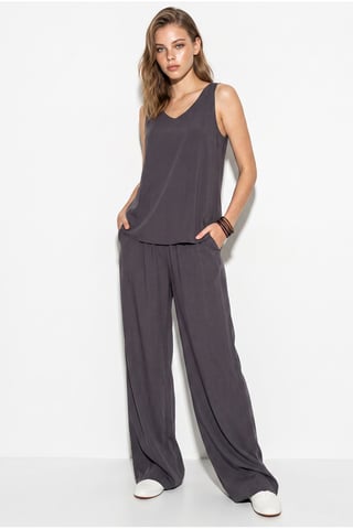V-Neck Cotton Blouse-Pants Two-Piece Set