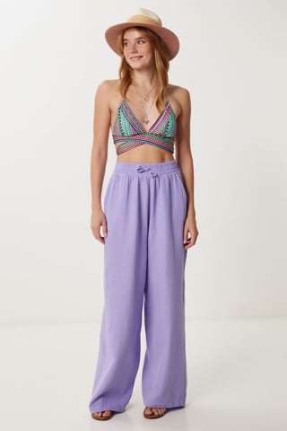 Wide Leg Drawstring Waist Pants with Binding Detail