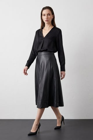 High-Waist Midi A-Line Faux Leather Skirt
