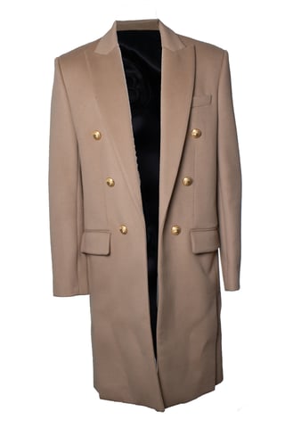 Balmain, beige wool overcoat with gold buttons