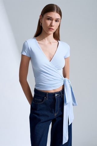 Crop Wrap Blouse With Tie Detail