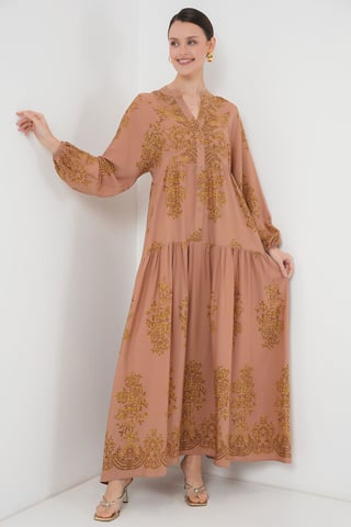 Printed V-Neck Maxi Dress with Button Closure