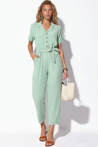 Solid Woven Shirt-collar Jumpsuit With Bow Detail