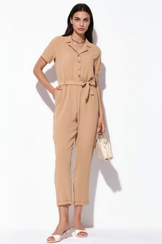 Effen Geweven Jumpsuit met Kraag en Strikdetail