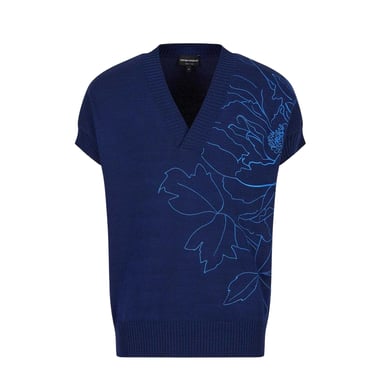 Emporio Armani Mens Floral V Neck Sweater Vest (Blue)