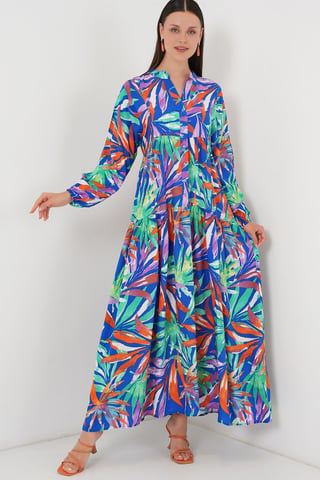Patterned V-Neck Maxi Dress with Button Closure