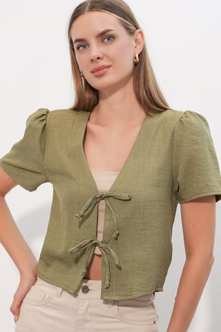 Textured V-Neck Linen Blend Crop Top