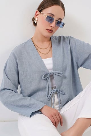 Viscose Blend V-Neck Long Sleeve Kimono with Binding Detail