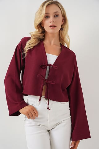 Viscose Blend V-Neck Long Sleeve Kimono with Binding Detail