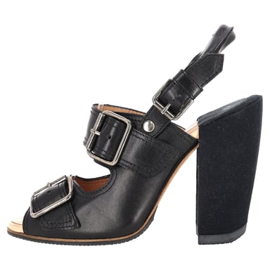 Dries Van Noten Buckle Strap Block Heels in Black Leather
