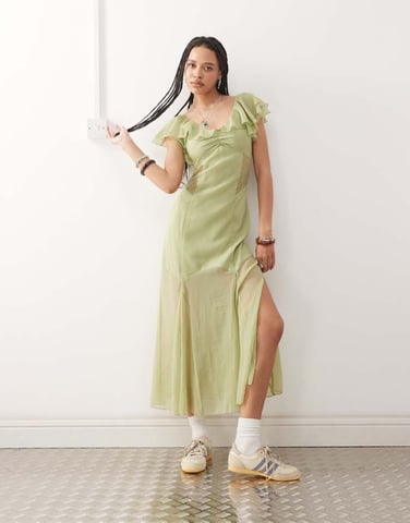 Reclaimed Vintage midi tea dress with lace panels and flutter sleeves in pastel green