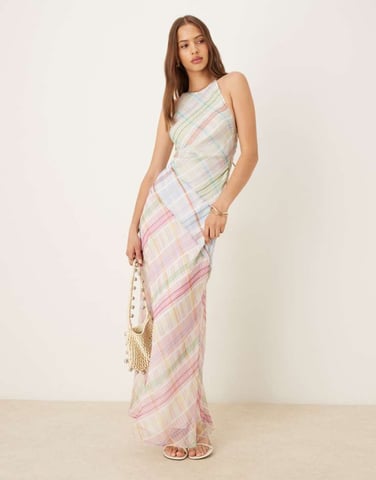 ASOS DESIGN racer neck slip midi dress with seam details in mixed check