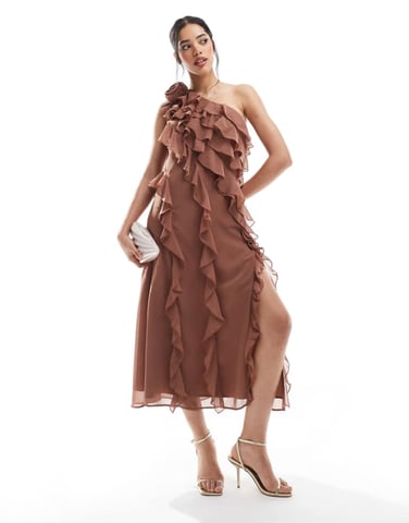French Connection Oskar ruffle one shoulder midaxi dress in mocha