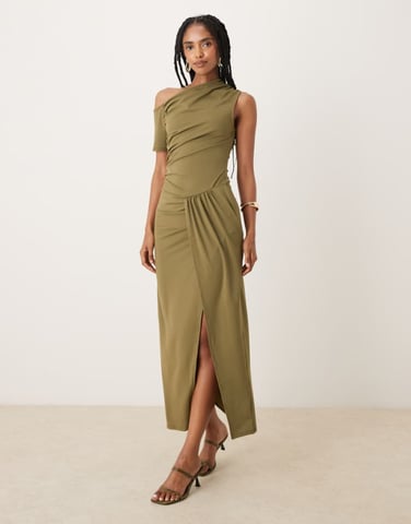 ASOS DESIGN fallen shoulder twist detail midi dress in olive