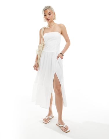 Hollister strapless drop waist textured midi dress with a slit in white
