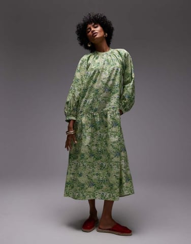 ARKET pure cotton smock midaxi dress with drop waist in green leaf print