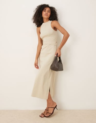 ASOS DESIGN bengaline pencil midi dress with wrap around button belt in stone