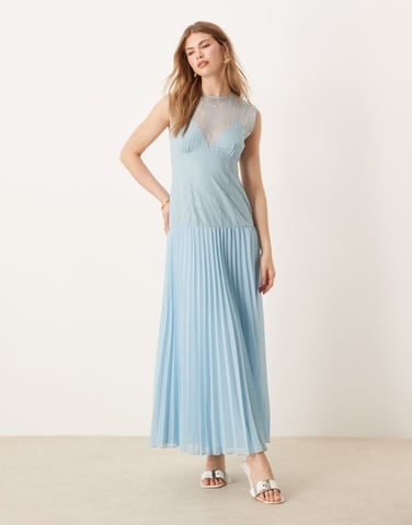 ASOS DESIGN lace bodice pleated skirt midi dress in icy blue