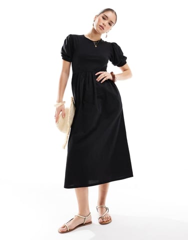 Threadbare jersey and poplin mix short sleeve midi dress in black
