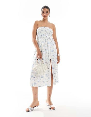 Hollister strapless drop waist panelled midi dress in blue floral print