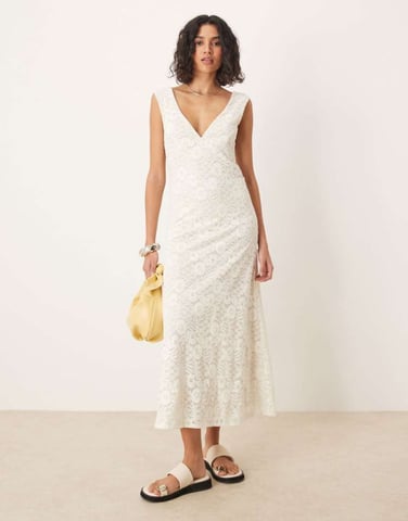 ASOS DESIGN lace V front midi dress with frill hem in white