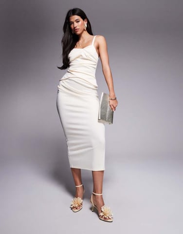 ASOS DESIGN structured pleat bodice detail midi dress in off white