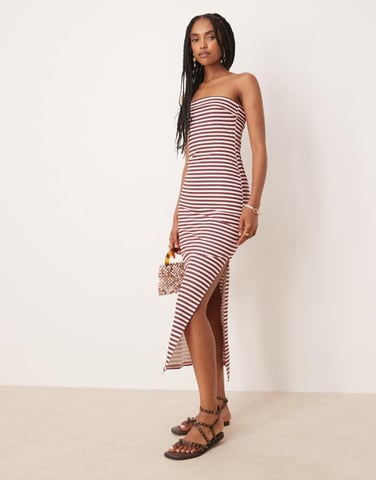 ASOS DESIGN bandeau fold over midi dress in brown and pink stripe