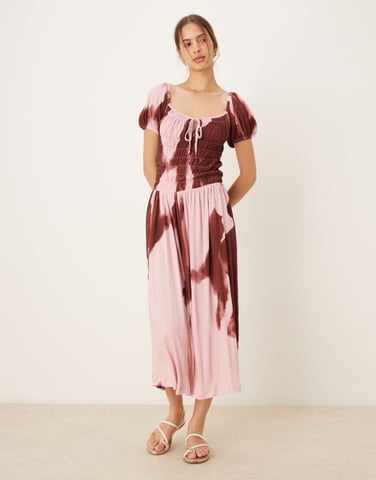 ASOS DESIGN crinkle shirred waist milkmaid puff sleeve midi tea dress in abstract floral - MULTI