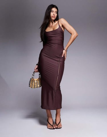 ASOS DESIGN activewear choc hook & eye midi dress in brown