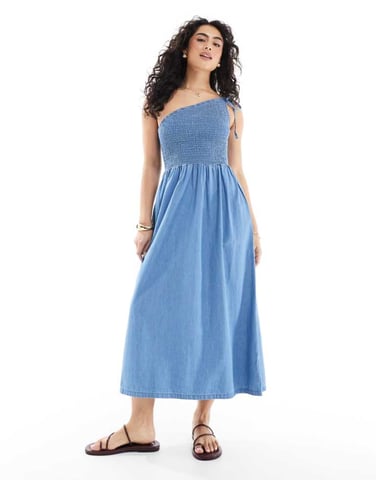 ASOS DESIGN soft denim midi dress with asymmetric neckline in midwash blue