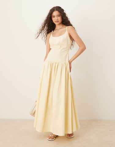 ASOS DESIGN premium strappy seam detail dropped waist midi dress in buttermilk