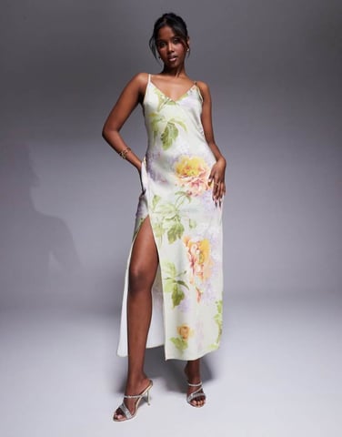 ASOS DESIGN satin v-ringad midaxi-klänning med sömdetaljer och sprund i grön blommig tryck