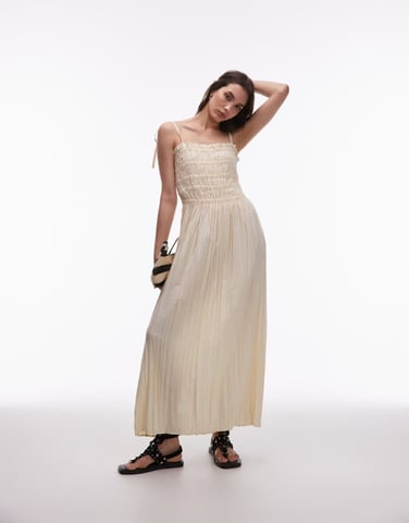 Topshop crinkle ruched bust midi dress in natural