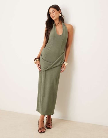 ASOS DESIGN textured halter drape waist midi dress in khaki