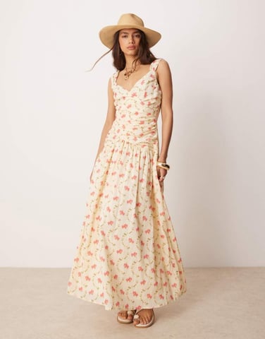 ASOS DESIGN midiklänning med sänkt midja och knytning i blommönster