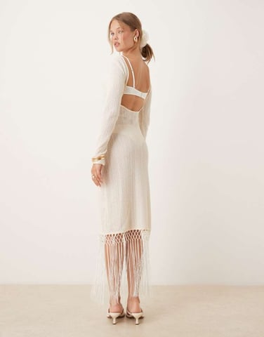 Amy Lynn backless crochet midi dress with fringe trim in cream