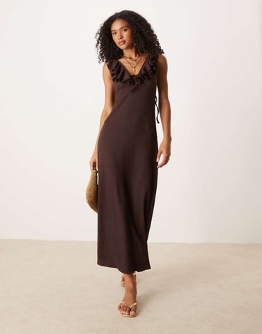 ASOS DESIGN textured frill detail midI dress in chocolate