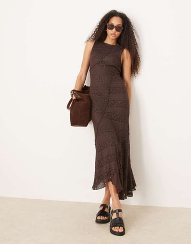 Gina Tricot antique lace craft sleeveless assymetric hem midi dress in brown
