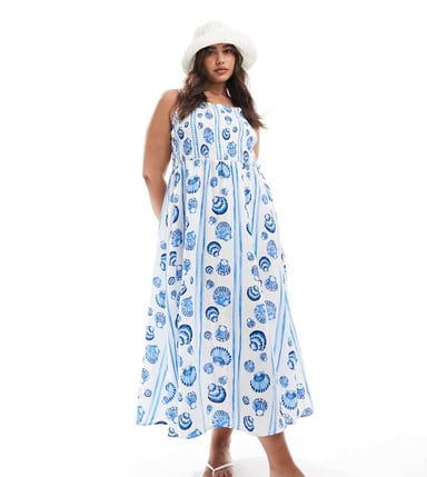 Vero Moda Curve cami midi dress in blue seashell print