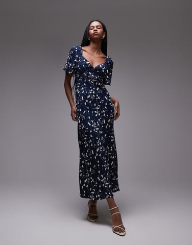 & Other Stories puff sleeve midaxi dress with twist sweetheart neckline in blue abstract print