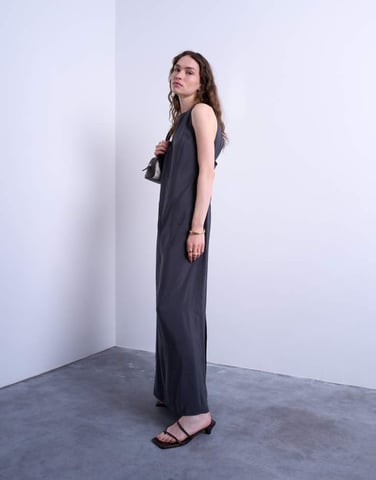 Topshop high neck open back chuck on cupro midi dress in charcoal