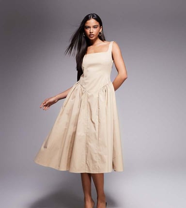 Kaiia exclusive cotton rich square neck gathered hip detail midi dress in beige