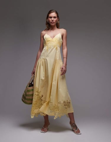 Topshop cutwork lace poplin midi sundress in lemon