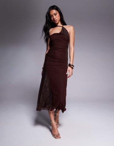 ASOS DESIGN stretch chiffon one shoulder midi dress with patchworked lace in chocolate