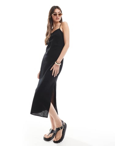 Monki linen midaxi slip dress in black