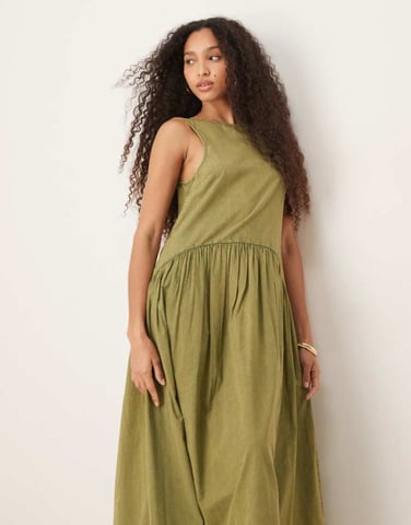 ASOS DESIGN slash neck smock midi dress with dropped waist in in olive