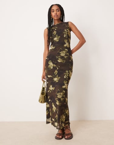 ASOS DESIGN sleeveless column midi dress in brown print