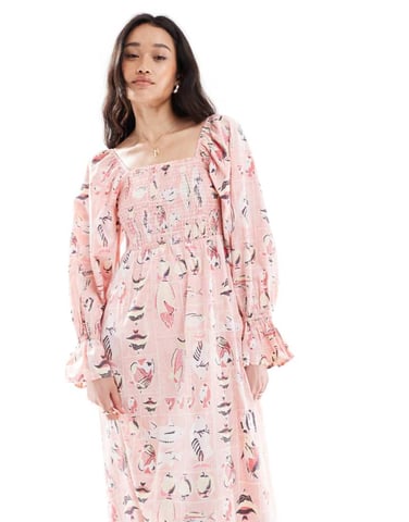 Object vintage wash fish print smock midi dress in pink