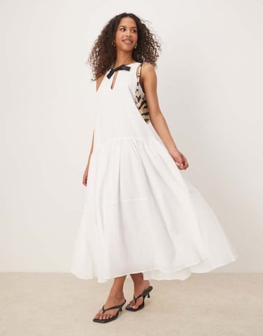 Ghospell tiered midi dress with contrast bow in white
