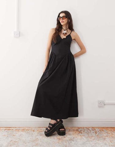 Reclaimed Vintage midi summer dress with hip seam details in black